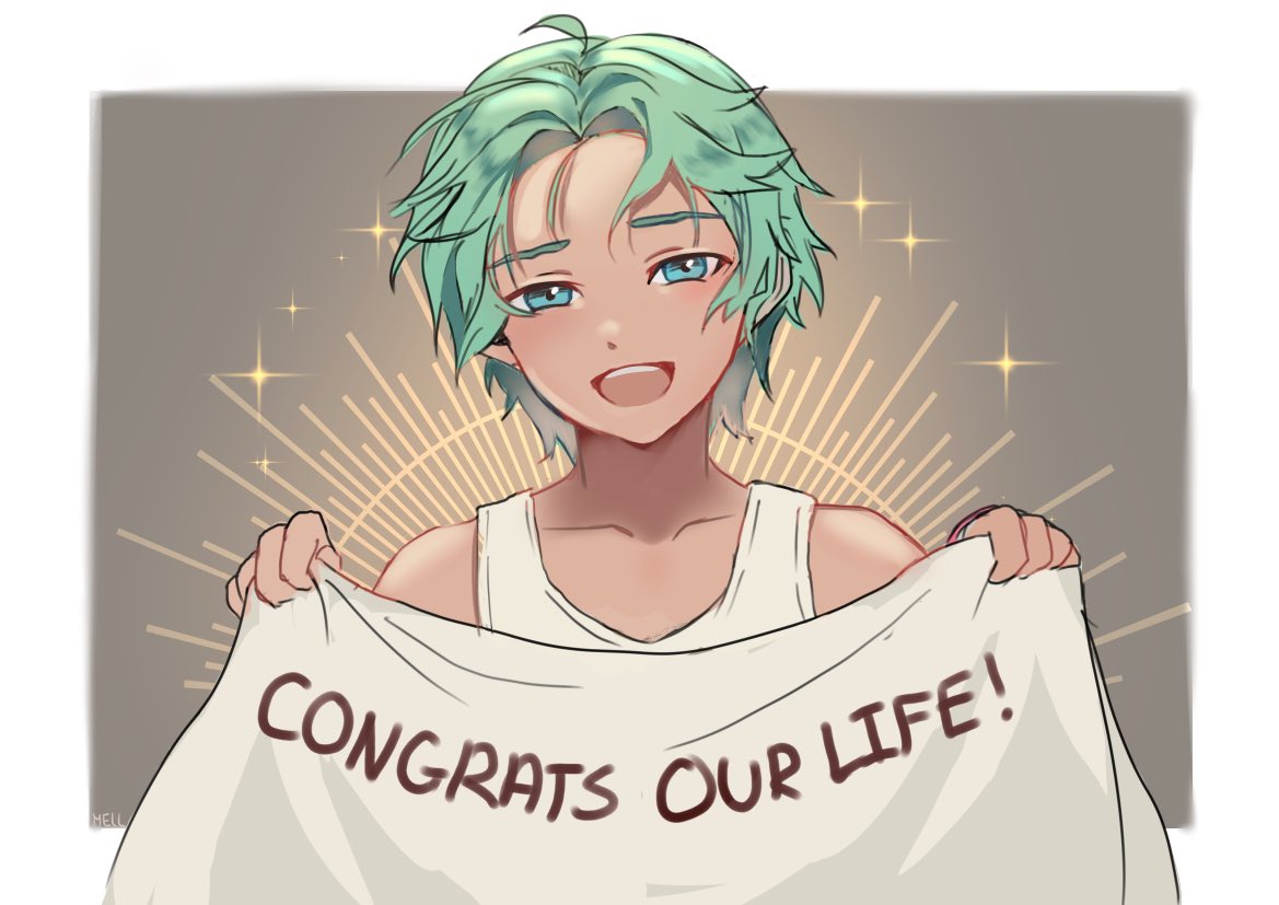 1boy, :d, banner, border, congratulations, cove_holden, curtained_hair, english_text