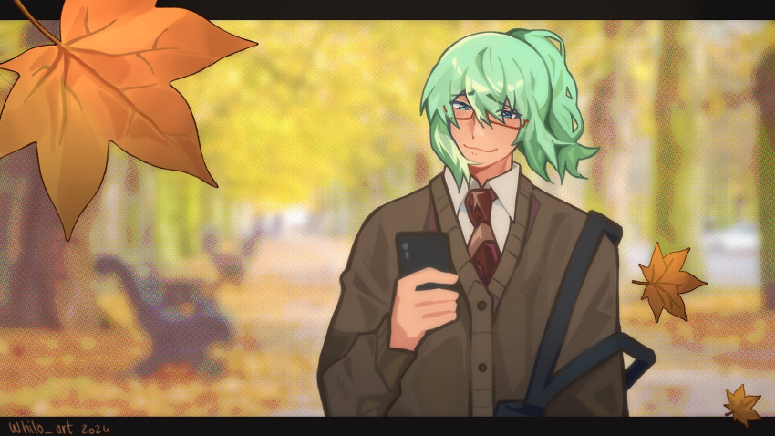 1boy, autumn, bag, blue_eyes, blurry, blurry_background, brown_coat, coat