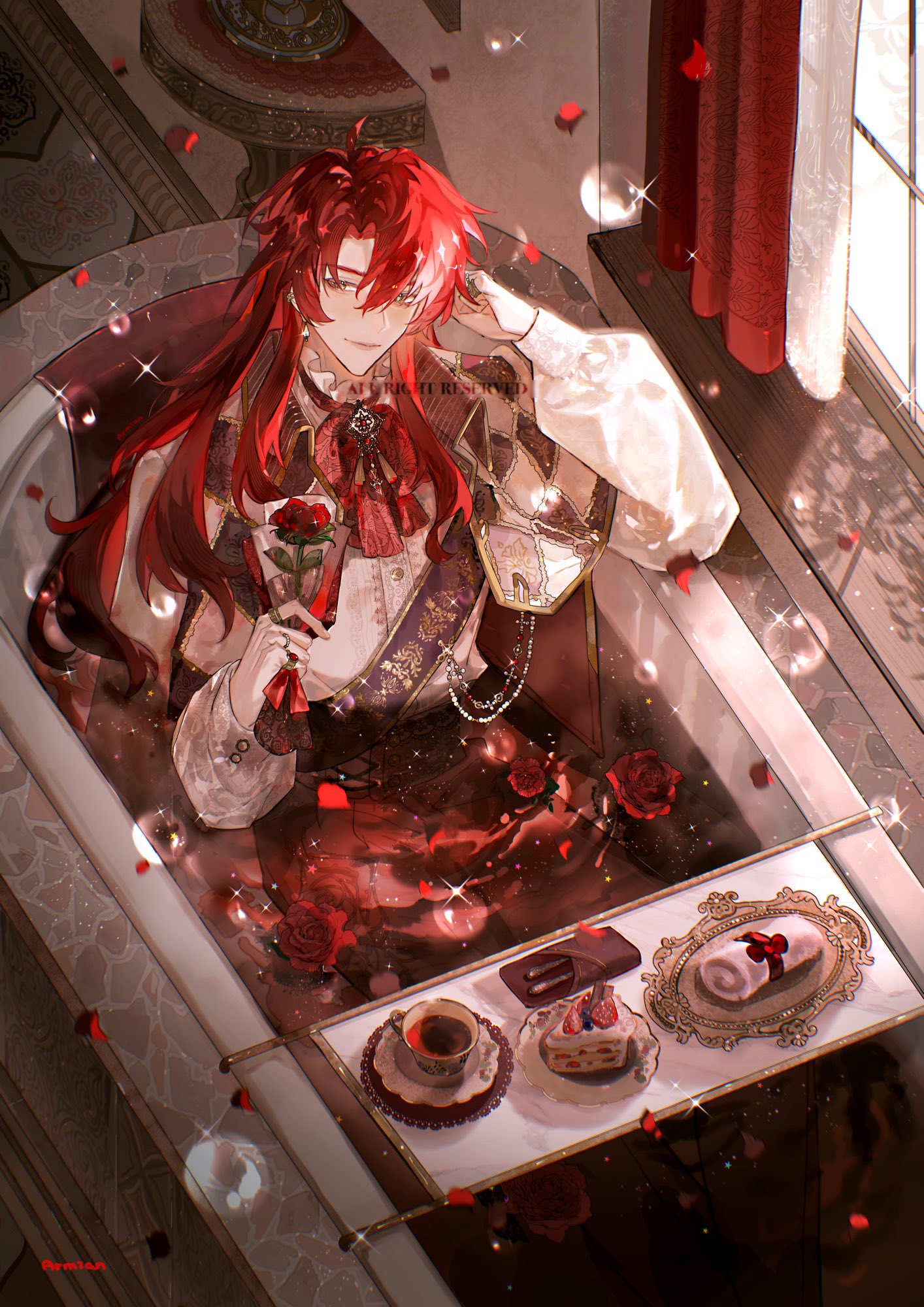 1boy, alternate_costume, argenti_(honkai:_star_rail), argyle_capelet, argyle_clothes, armian, ascot, bathtub