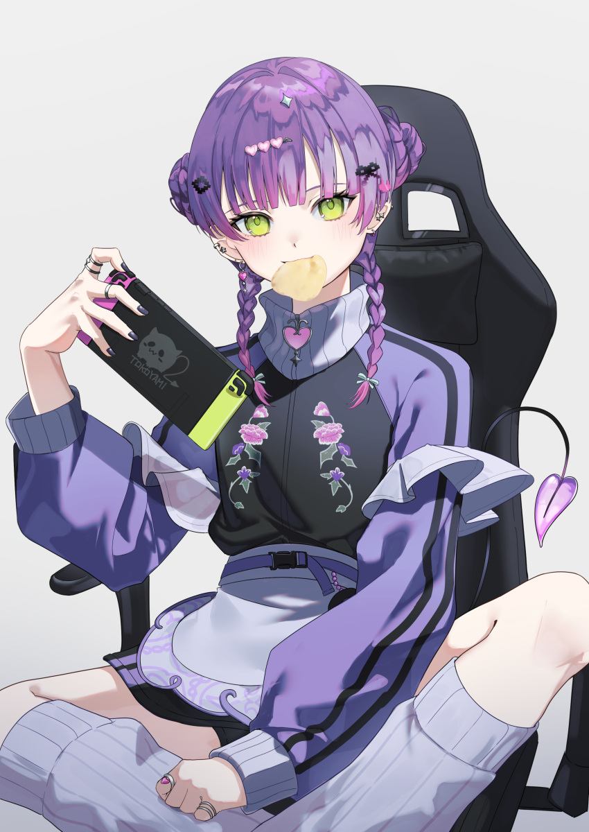 1girl, absurdres, apron, barbell_piercing, bibi_(tokoyami_towa), black_nails, braid, chair