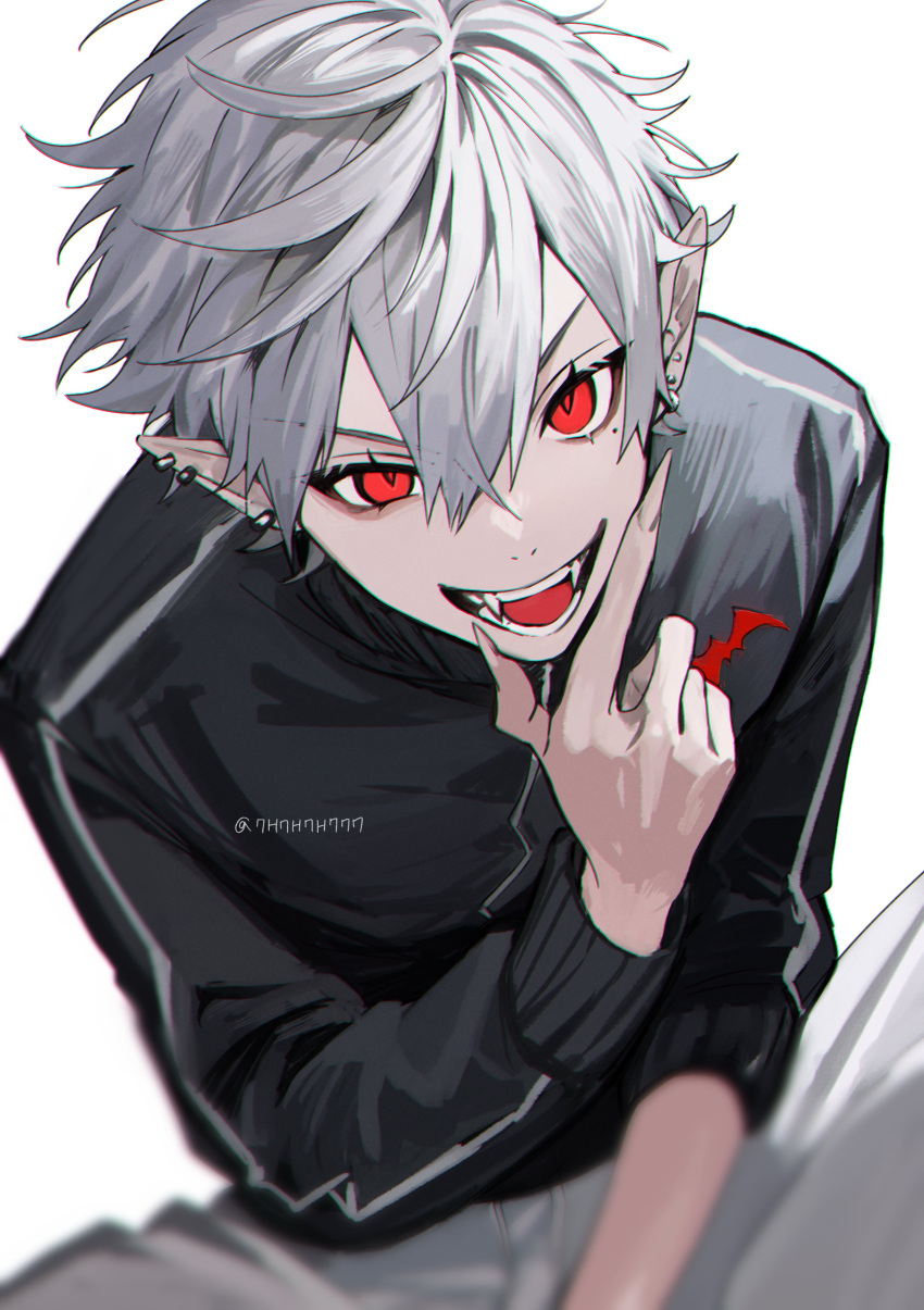 1boy, absurdres, black_jacket, ear_piercing, fangs, grey_hair, hair_between_eyes, highres