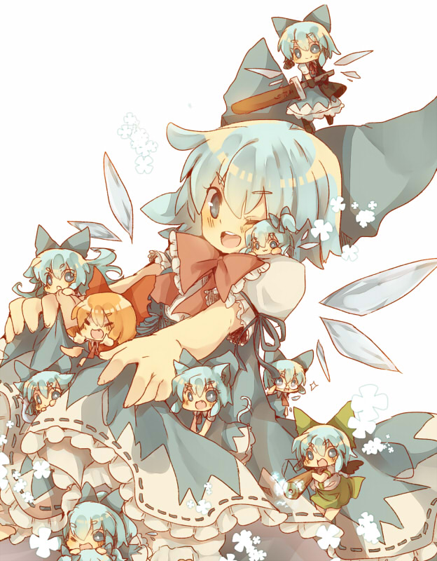 achi_cirno, advent_cirno, alternate_color, alternate_element, alternate_hairstyle, animal_ears, arm_cannon, asakura_rikako, asakura_rikako_(cosplay), bespectacled, blue_dress, blue_eyes, blue_hair, blush, bow, cat_ears, cat_tail, chibi, cirno, closed_eyes, cosplay, dress, fairy, fang, flandre_scarlet, flandre_scarlet_(cosplay), glasses, green_dress, hair_bow, hakurei_reimu, hakurei_reimu_(cosplay), ice, kaenbyou_rin, kaenbyou_rin_(cosplay), long_hair, masirosu, minigirl, multiple_persona, open_mouth, red_dress, reiuji_utsuho, reiuji_utsuho_(cosplay), short_hair, side_ponytail, sitting, smile, solo, sword, tail, touhou, weapon, wings, wink