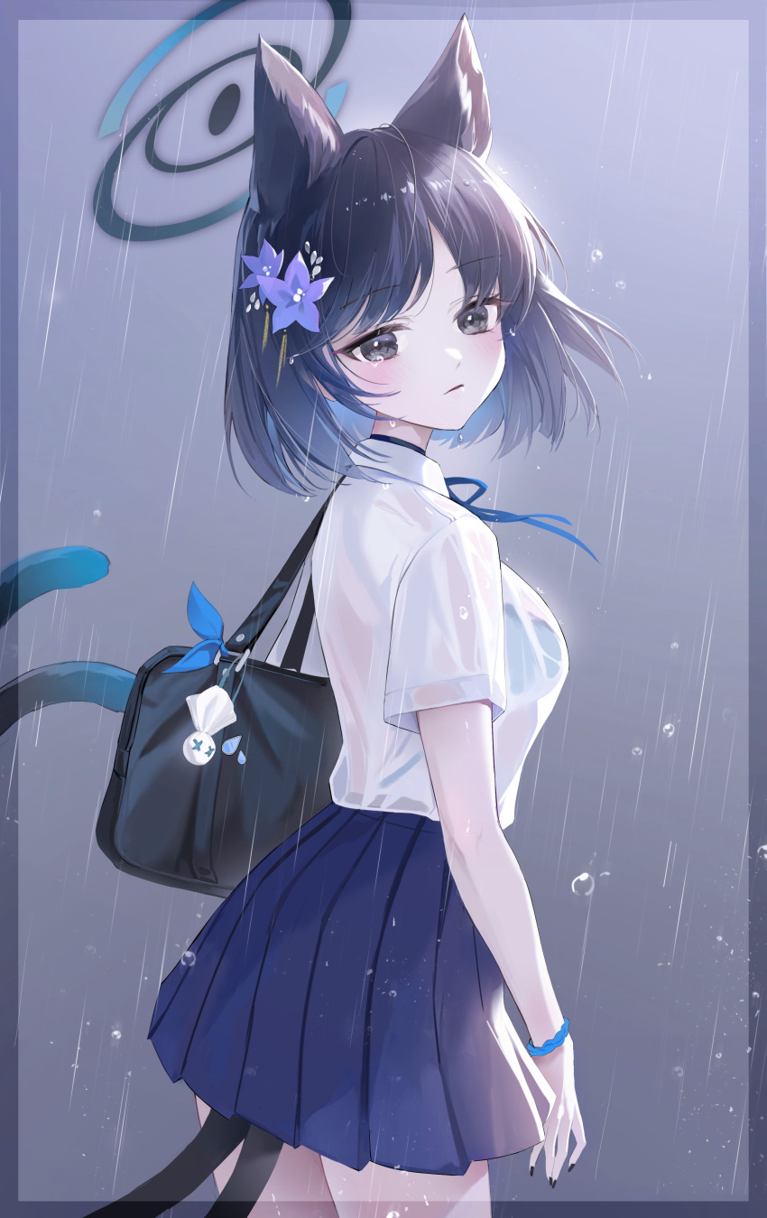 1girl, absurdres, animal_ears, bag, black_eyes, black_hair, blue_archive, blue_halo