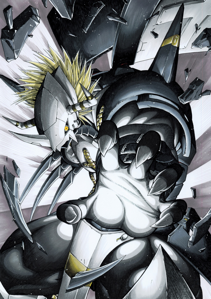 armor, black_armor, black_skin, blackwargreymon, blonde_hair, claw_(weapon), colored_skin, cowboy_shot, digimon, digimon_(creature), dragon, gauntlets, helmet, highres, horns, miura_satoru, short_hair, simple_background, weapon, white_background, yellow_eyes