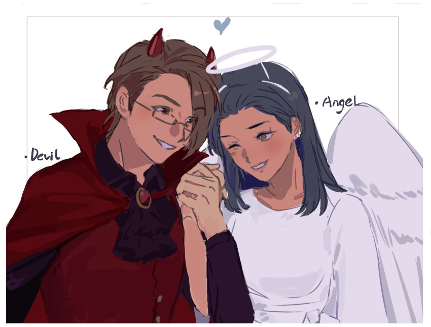 1boy, 1girl, :d, ;d, blue_hair, border, brooch, cloak