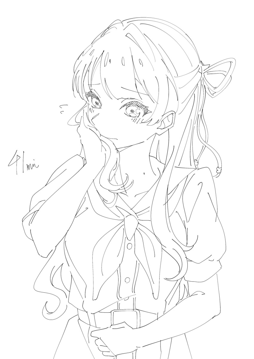 1girl, assassin_(pencilblood76), collarbone, commentary_request, completion_time, dress, embarrassed, greyscale