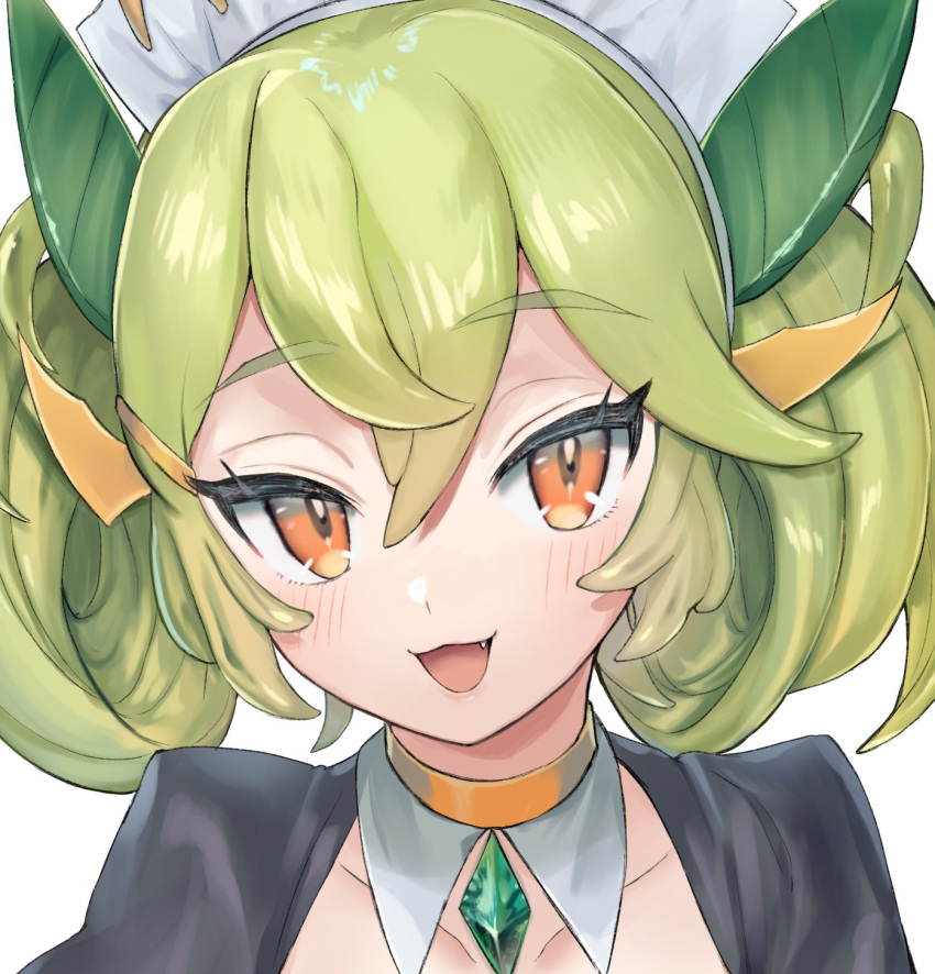 1girl, black_dress, blush, close-up, collarbone, dress, duel_monster, fang
