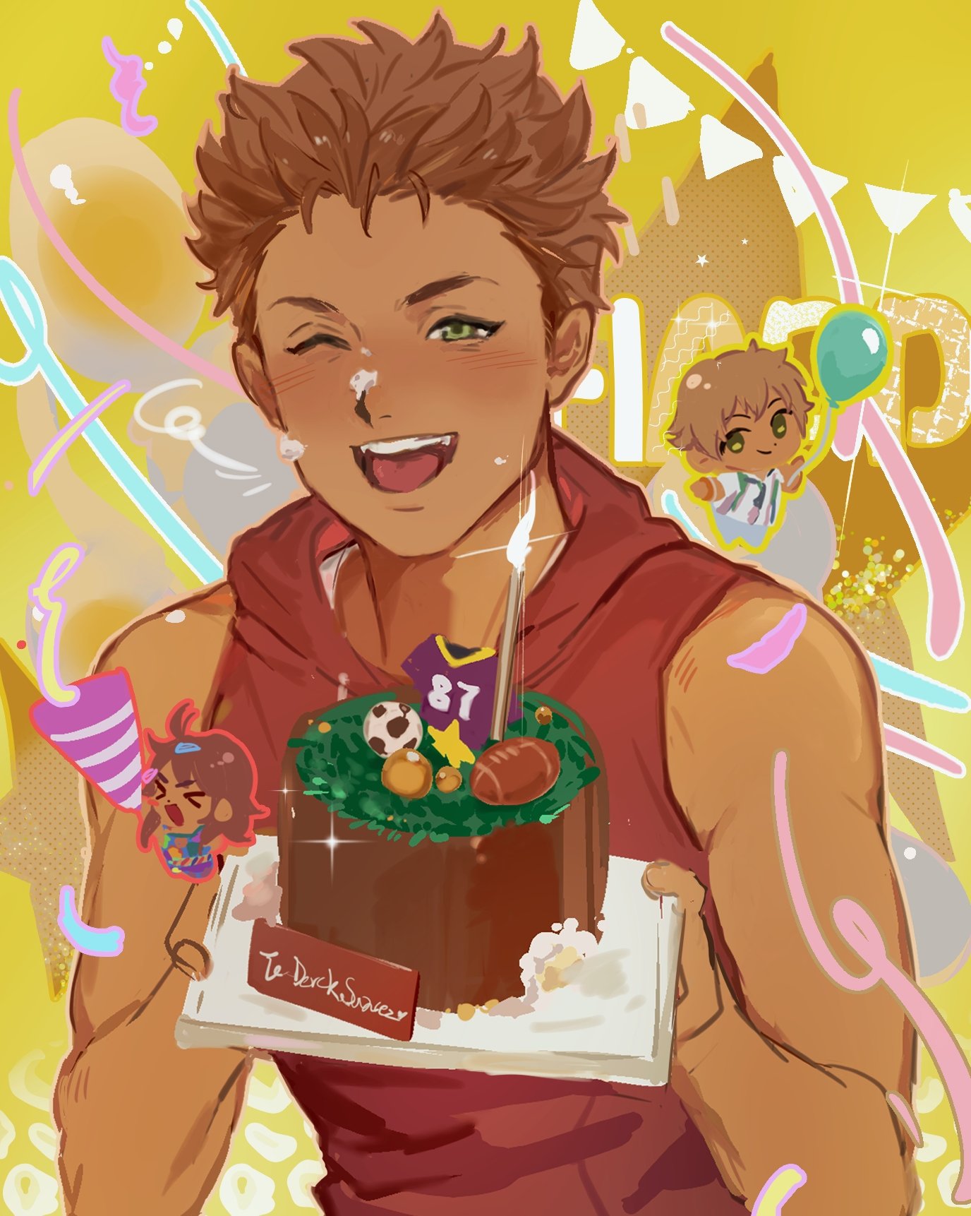 1boy, ;d, american_football_(object), ball, balloon, blush, brown_hair, bunting