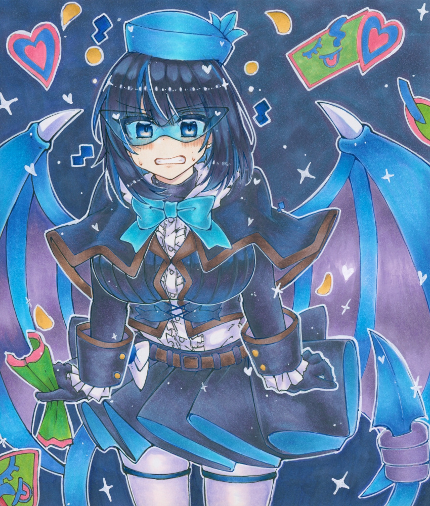 1girl, angry, black_gloves, black_skirt, blue_bow, blue_eyes, blue_hat, blush