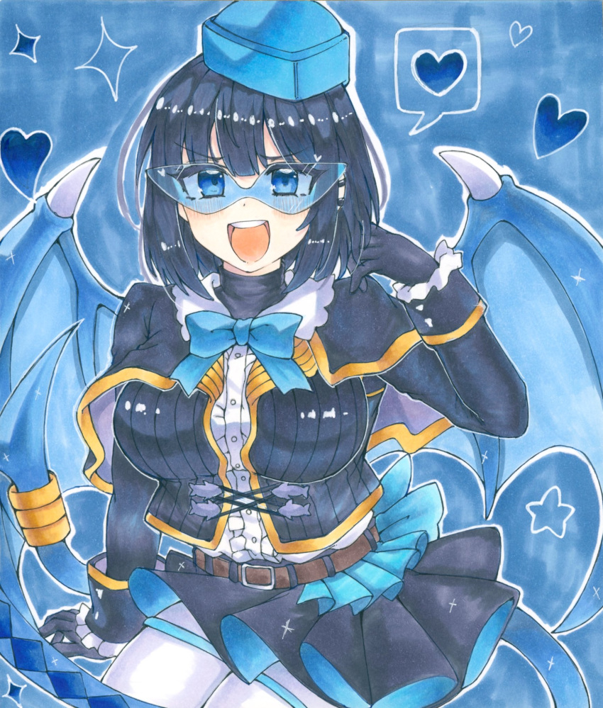 1girl, black_hair, black_jacket, black_skirt, blue-tinted_eyewear, blue_background, blue_eyes, blue_wings