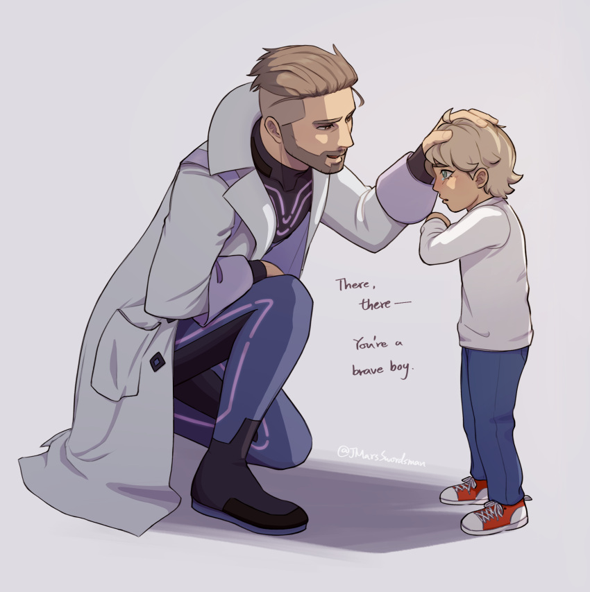 2boys, aged_down, arven_(pokemon), beard, blue_pants, brown_eyes, child, commentary_request, crying, english_commentary, english_text, facial_hair, father_and_son, green_eyes, grey_background, highres, jmarsswordsman, lab_coat, long_sleeves, male_focus, mixed-language_commentary, multiple_boys, on_one_knee, pants, pokemon, pokemon_sv, professor_turo, red_shoes, shadow, shirt, shoelaces, shoes, short_hair, simple_background, standing, turo_(pokemon), twitter_username, undercut, very_short_hair, white_shirt