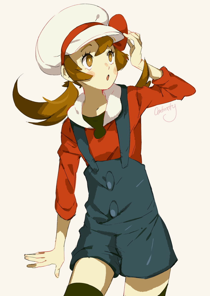 1girl, absurdres, aqua_overalls, black_thighhighs, black_undershirt, bow, bright_pupils, brown_eyes