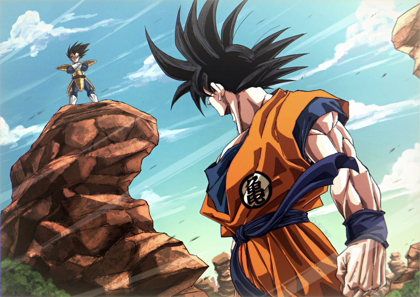 2boys, blue_bodysuit, blue_sash, blue_shirt, bodysuit, boots, crossed_legs, dougi, dragon_ball, dragon_ball_z, gloves, highres, male_focus, medium_hair, multiple_boys, muscular, muscular_male, orange_pants, orange_shirt, pants, saiyan_armor, sash, shirt, son_goku, spiky_hair, standing, stmt_tmtk, vegeta, white_boots, white_gloves