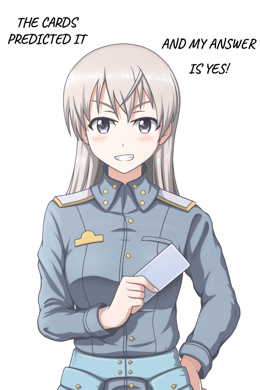 1girl, absurdres, blue_eyes, blush, breasts, card, confession, eila_ilmatar_juutilainen