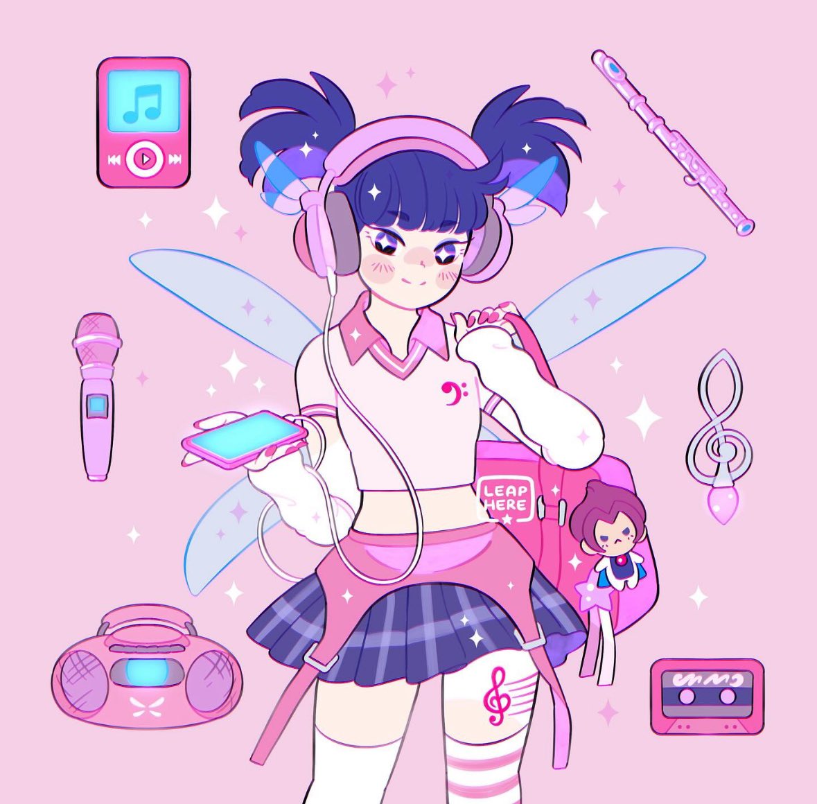 +_+, 1girl, adapted_costume, artist_name, bag, bag_charm, blue_hair, blue_skirt, blue_wings, blunt_bangs, blunt_ends, blush_stickers, cable, cassette_tape, cellphone, character_charm, charm_(object), closed_mouth, collared_shirt, commentary, cowboy_shot, digital_media_player, english_commentary, eyelashes, fairy, fairy_wings, flute, gyaru, headphones, holding, holding_bag, holding_phone, instrument, leaphere, leg_tattoo, listening_to_music, looking_at_viewer, microphone, midriff, miniskirt, mismatched_thighhighs, musa_(winx_club), musical_note, musical_note_print, musical_note_tattoo, nail_polish, phone, pink_background, pink_bag, pink_nails, pink_shirt, pink_thighhighs, plaid_clothes, plaid_skirt, pleated_skirt, radio, riven_(winx_club), school_bag, shirt, short_hair, short_sleeves, short_twintails, simple_background, skirt, smartphone, smile, solo, sparkling_eyes, standing, star_(symbol), striped_clothes, striped_thighhighs, tattoo, thigh-highs, treble_clef, twintails, two-tone_thighhighs, violet_eyes, watermark, white_arm_warmers, white_thighhighs, winged_headphones, wings, winx_club