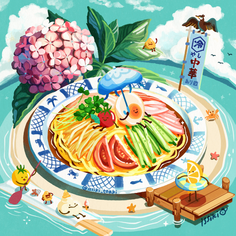 artist_name, cherry_tomato, chopsticks, clouds, egg_(food), flower, food, food_focus