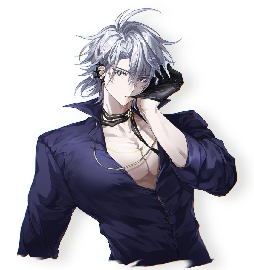 1boy, antenna_hair, biting, biting_glove, black_shirt, blue_eyes, collared_shirt, earclip