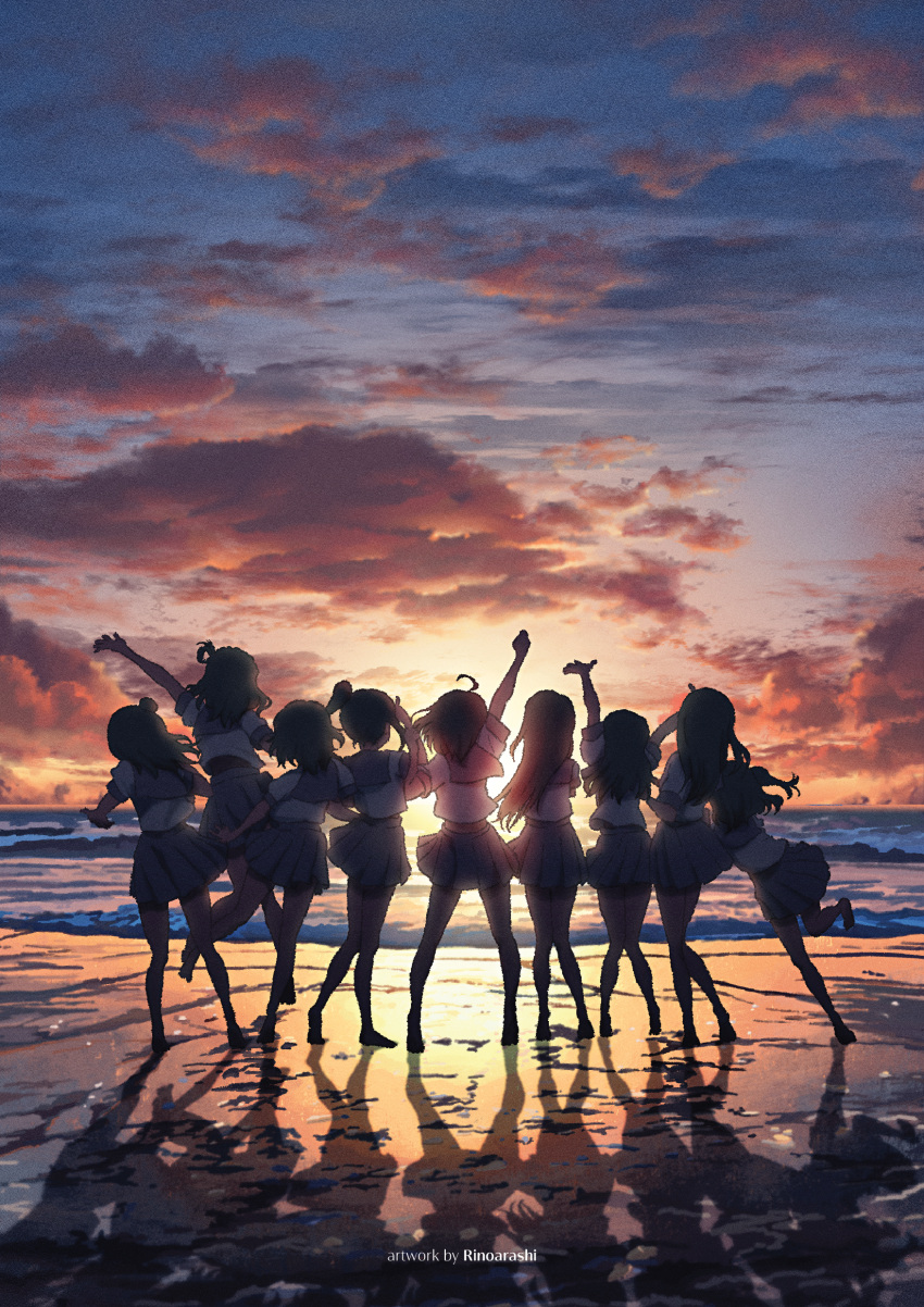 6+girls, absurdres, ahoge, arm_up, artist_name, beach, clouds, commentary, english_commentary, from_behind, grey_sailor_collar, grey_skirt, hair_rings, highres, jumping, kunikida_hanamaru, kurosawa_dia, kurosawa_ruby, long_hair, love_live!, love_live!_sunshine!!, matsuura_kanan, medium_hair, multiple_girls, ohara_mari, orange_sky, outdoors, ponytail, purple_sky, rinoarashi, sailor_collar, sakurauchi_riko, school_uniform, shadow, shirt, skirt, sky, standing, summer_uniform, sunset, takami_chika, tsushima_yoshiko, twilight, uranohoshi_school_uniform, watanabe_you, white_shirt