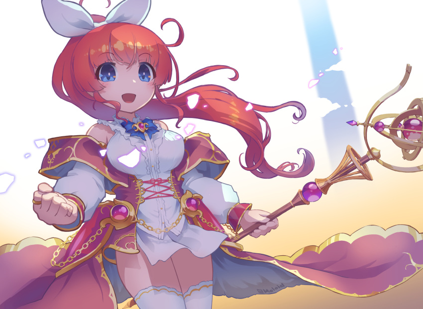 1girl, blue_eyes, breasts, hair_ribbon, highres, holding, holding_weapon, iris_mysteria!
