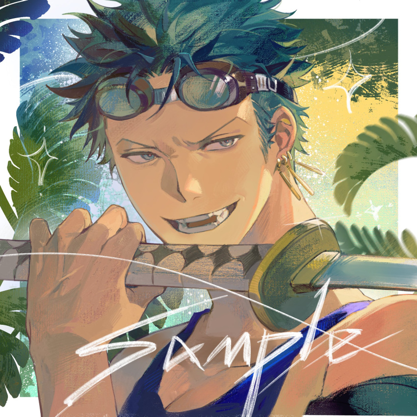 1boy, blue_tank_top, border, commission, earrings, goggles, goggles_on_head, green_hair