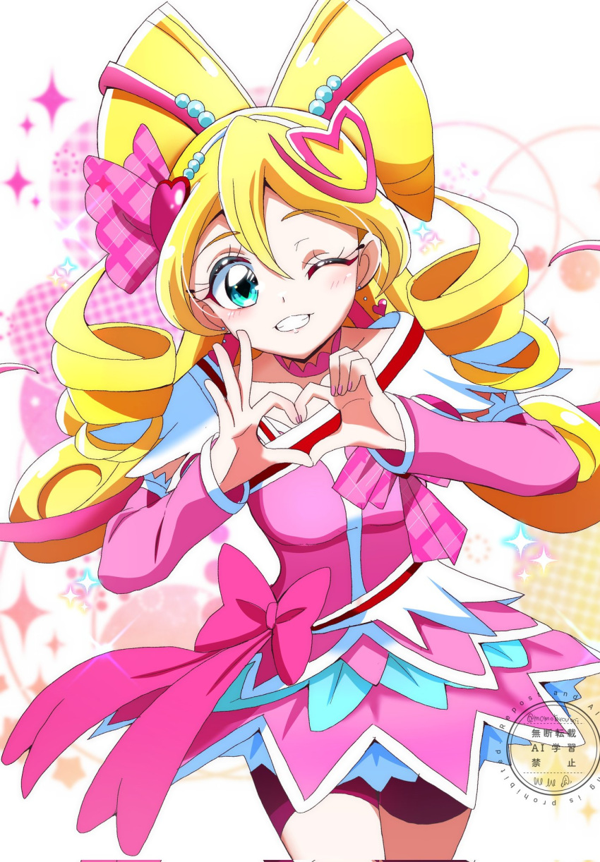 1girl, blonde_hair, blush, breasts, brooch, color_connection, cosplay, cure_heart