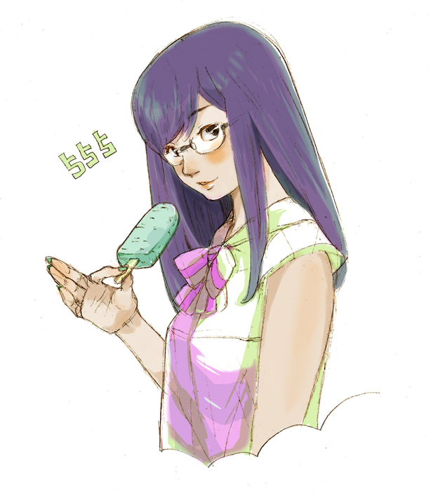 bangs, black_eyes, blouse, blue_nail_polish, bow, female, glasses, japanese, long_hair, looking_at_viewer, nail_polish, neoko, original, painted_nails, popsicle, purple_hair, simple_background, solo