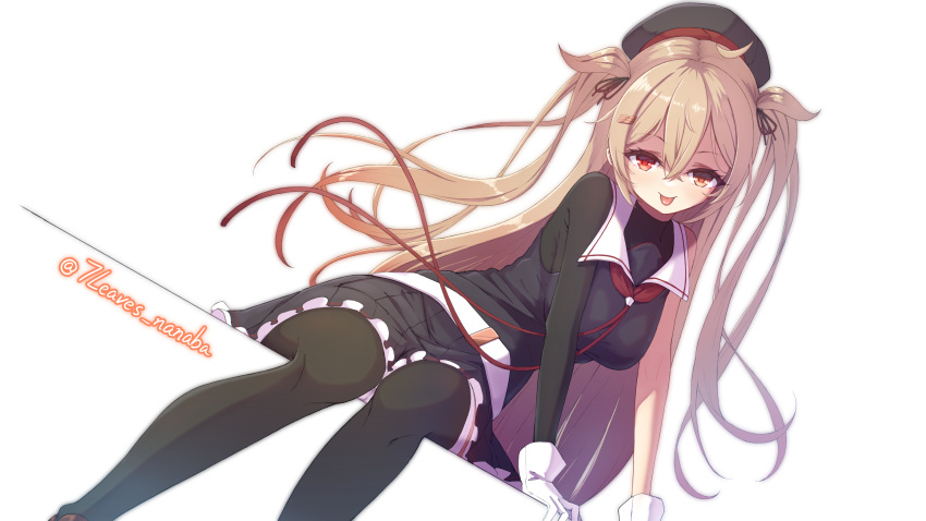 1girl, absurdres, beret, black_ribbon, black_serafuku, blush, breasts, brown_eyes, brown_hair, gloves, hair_between_eyes, hair_flaps, hair_ornament, hair_ribbon, hairclip, hat, heterochromia, highres, kantai_collection, large_breasts, long_hair, looking_at_viewer, murasame_(kancolle), murasame_kai_ni_(kancolle), nanaba_(7leaves), neckerchief, partial_bodysuit, red_eyes, red_neckerchief, ribbon, school_uniform, serafuku, sitting, smile, solo, twintails, two_side_up, white_background