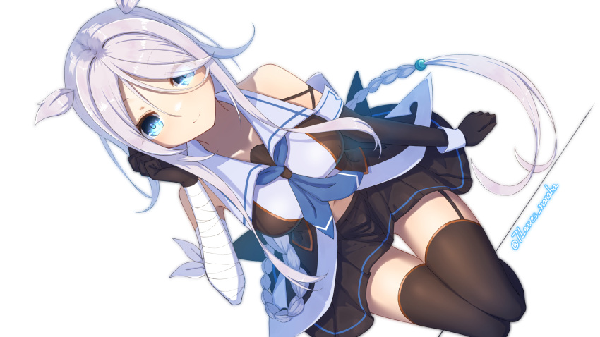 1girl, absurdres, black_gloves, black_serafuku, black_skirt, black_thighhighs, blue_eyes, blue_neckerchief