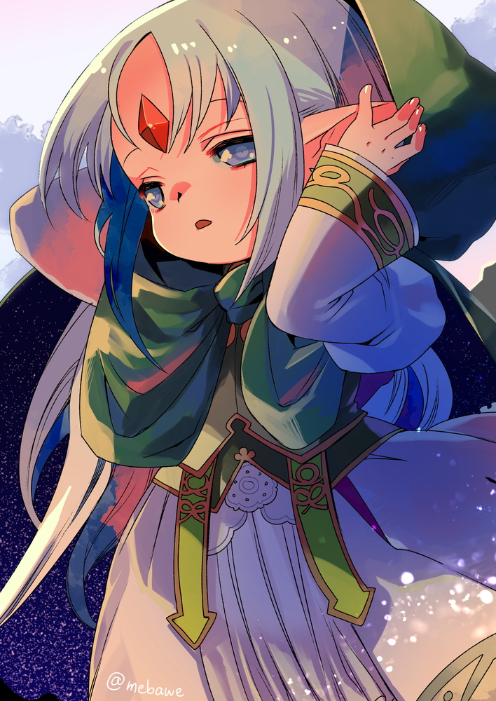 1girl, blue_eyes, blue_hair, cloak, commission, dress, forehead_jewel, hayasaka