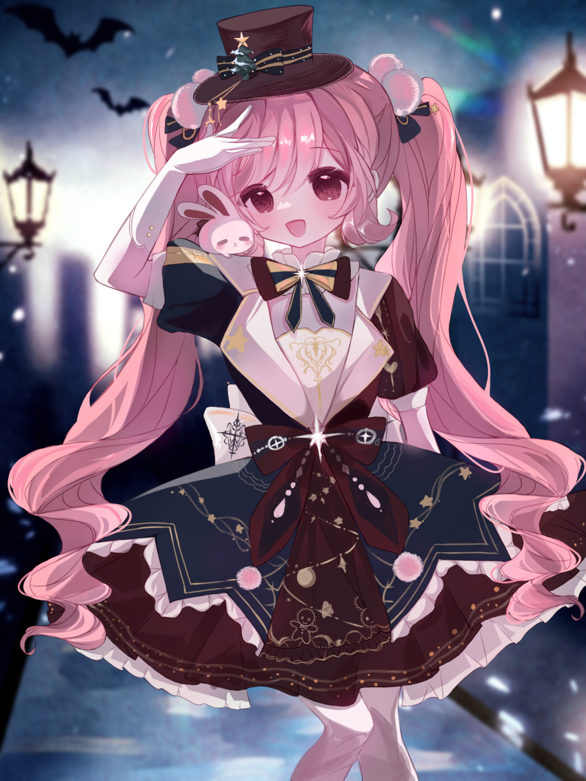 1girl, absurdres, artist_request, bat_(animal), black_hat, blue_bow, blue_bowtie, blue_dress