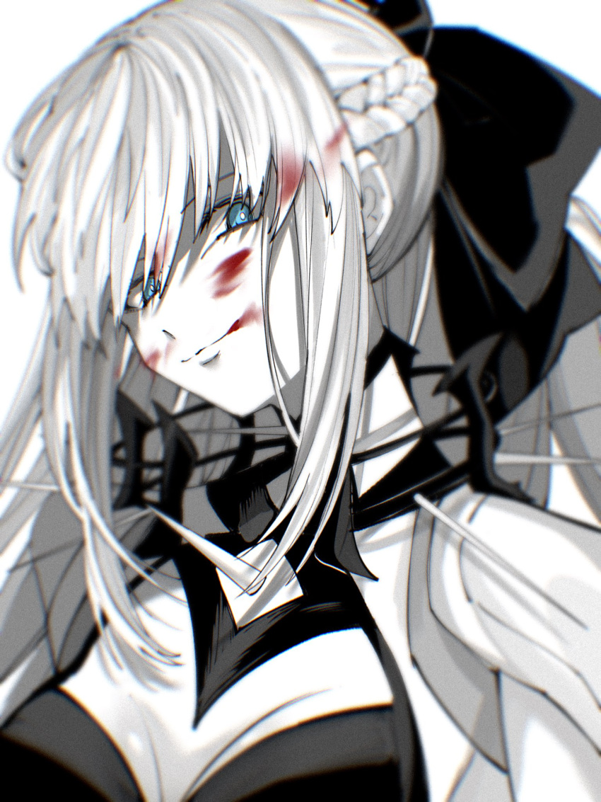 1girl, black_bow, blood, blood_on_face, blue_eyes, bow, euhage73, fate/grand_order