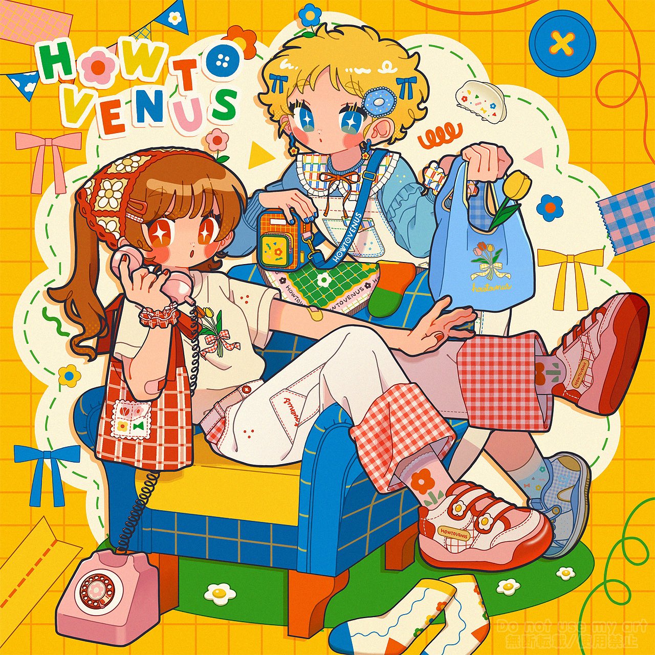 +_+, 2girls, :o, antique_phone, bag, bandaid, bandaid_on_arm, blonde_hair