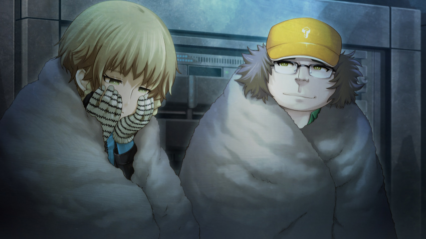 1boy, 1girl, amane_suzuha, amane_suzuha_(beta), baseball_cap, black_jacket, blue_jacket, blue_track_suit