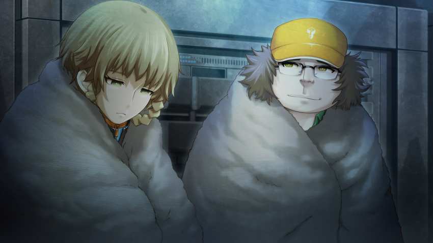 1boy, 1girl, amane_suzuha, amane_suzuha_(beta), baseball_cap, black_jacket, blue_jacket, blue_track_suit