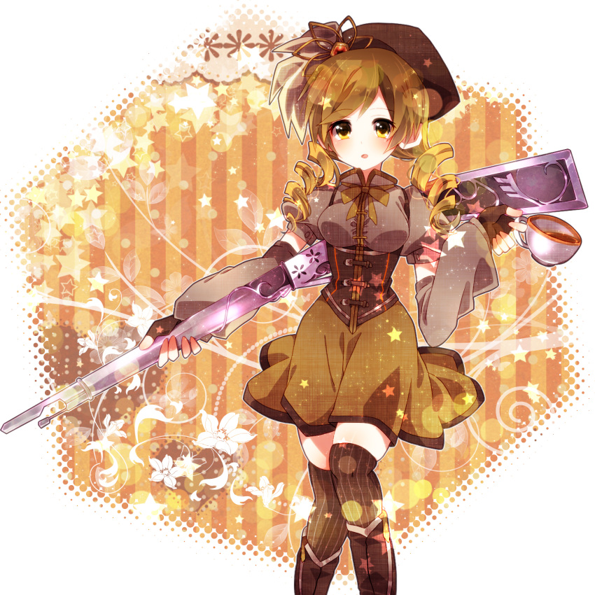 beret, blonde_hair, boots, breasts, cup, detached_sleeves, drill_hair, gun