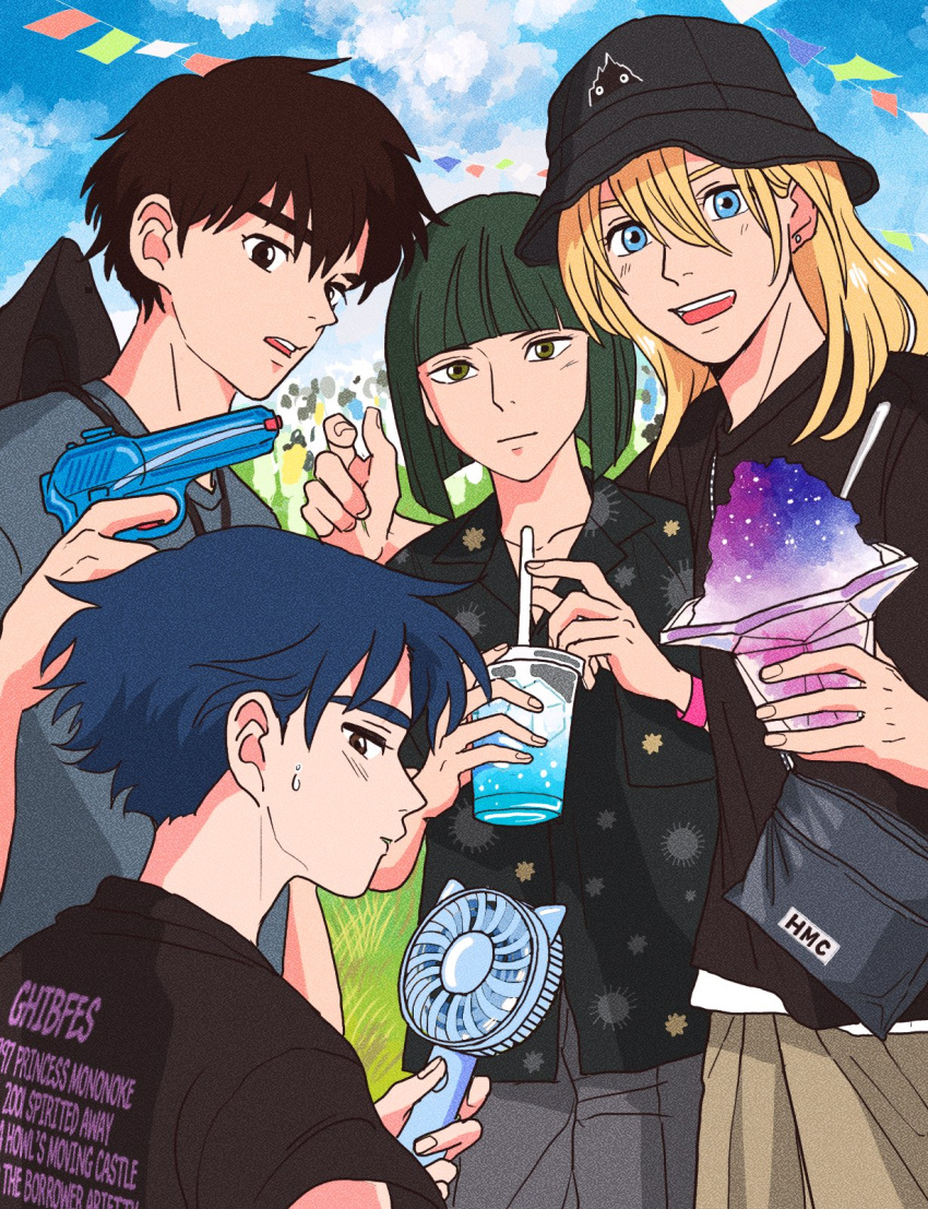 4boys, ashitaka, blonde_hair, blue_eyes, blue_hair, blue_sky, bob_cut, brown_hair