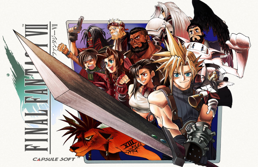 3girls, aerith_gainsborough, armor, barret_wallace, black_eyes, black_hair, black_wings, blonde_hair