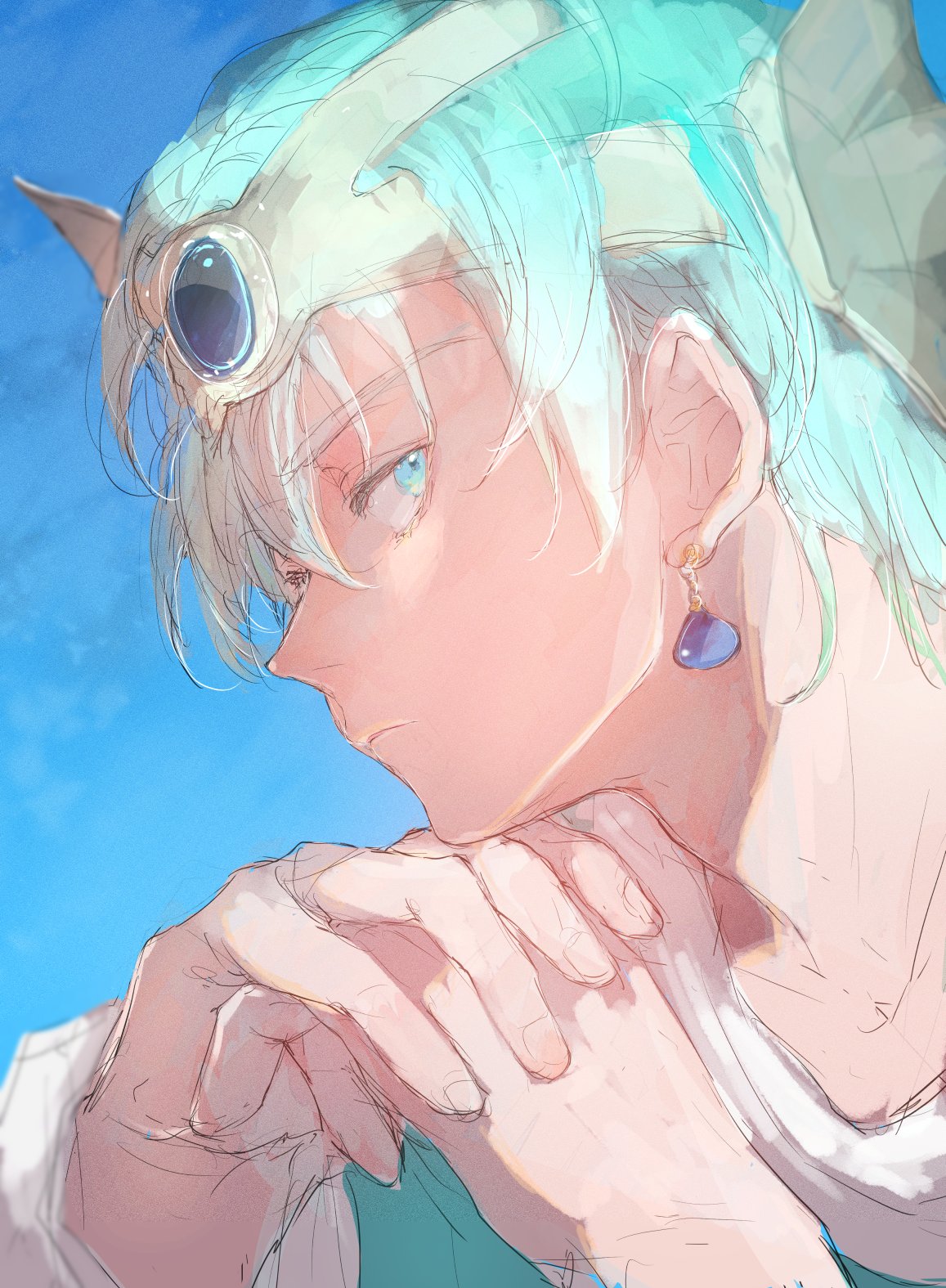 1boy, blue_background, blue_eyes, blue_gemstone, circlet, dragon_quest, dragon_quest_iv, earrings, fingernails, gem, gold_circlet, green_hair, hero_(dq4), highres, jewelry, kpmdqx, light_frown, looking_to_the_side, male_focus, own_hands_together, portrait, shirt, short_hair