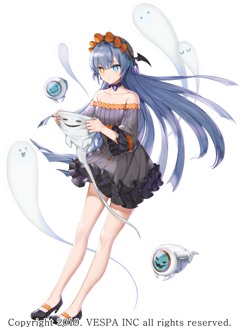 1girl, android, bare_legs, bare_shoulders, black_choker, black_dress, black_hat, black_shoes, blue_eyes, choker, dress, drone, flat_chest, floating_hair, frilled_dress, frills, full_body, ghost, hair_between_eyes, halloween, halloween_costume, hat, heterochromia, high_heels, holding_ghost, hwansang_jungdog, kara_(king's_raid), king's_raid, light_frown, long_hair, mob_cap, off-shoulder_dress, off_shoulder, official_art, orange_hat, orange_trim, purple_ribbon, ribbon, ribbon_choker, shoes, simple_background, solo, standing, strapless, strapless_dress, striped_choker, sweatdrop, very_long_hair, white_background, yellow_eyes