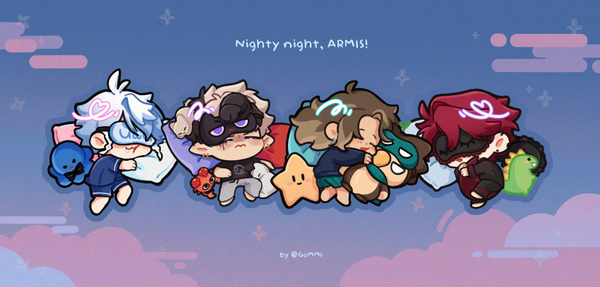 4boys, animal_hug, animal_on_head, artist_name, blue_hair, blush, braid, brown_hair, bubby_(goldbullet), cat, cat_on_head, chibi, cloud_background, clouds, crimzon_ruze, english_text, g0mmi, goldbullet, highres, holoarmis, holostars, holostars_english, hug, hugging_own_tail, hugging_tail, jurard_t_rexford, male_focus, multiple_boys, multiple_braids, multiple_cats, octavio, on_head, pajamas, paras, pillow, pokemon, red_hair, saliva, sleep_mask, sleeping, sleepwear, star-shaped_pillow, stuffed_animal, stuffed_dinosaur, stuffed_octopus, stuffed_toy, tail, uwu, virtual_youtuber