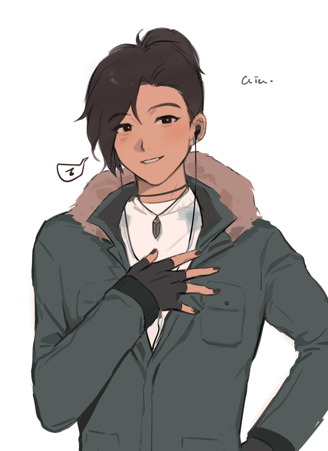 1girl, :d, black_gloves, black_hair, black_nails, brown_eyes, coat, crystal_necklace