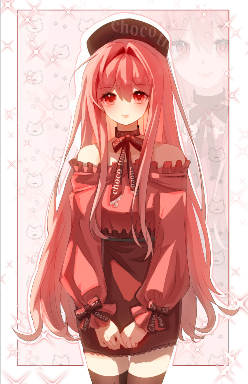 1girl, animal_background, artist_request, bare_shoulders, beret, border, bow, bow_choker