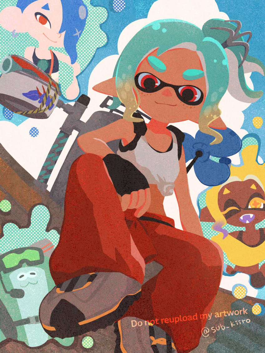 3girls, aqua_hair, artist_name, big_man_(splatoon), big_man_(splatoon_raiders), blonde_hair, blue_hair, brown_hair