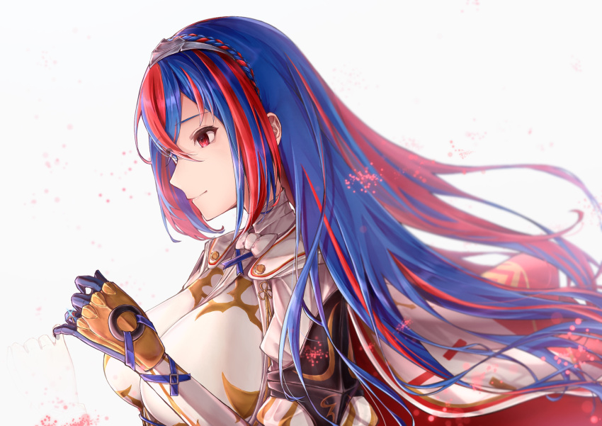 1girl, blue_eyes, blue_hair, breasts, crossed_bangs, female_alear_(fire_emblem), fire_emblem, fire_emblem_engage, highres, large_breasts, multicolored_hair, red_eyes, red_hair, shi-on, solo, split-color_hair, tiara, two-tone_hair, upper_body