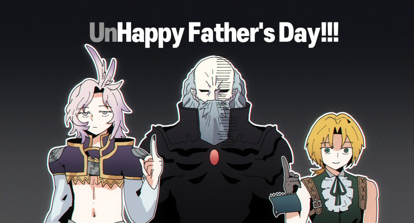 3boys, armor, beard, black_nails, blonde_hair, chest_jewel, facial_hair, father's_day, feather_hair, final_fantasy, final_fantasy_ix, garland_(ff9), gem, gloves, green_eyes, grey_eyes, grey_hair, highres, kuja, male_focus, midriff, multiple_boys, pointing, ponytail, red_gemstone, ry_mangdung, spoilers, vest, zidane_tribal