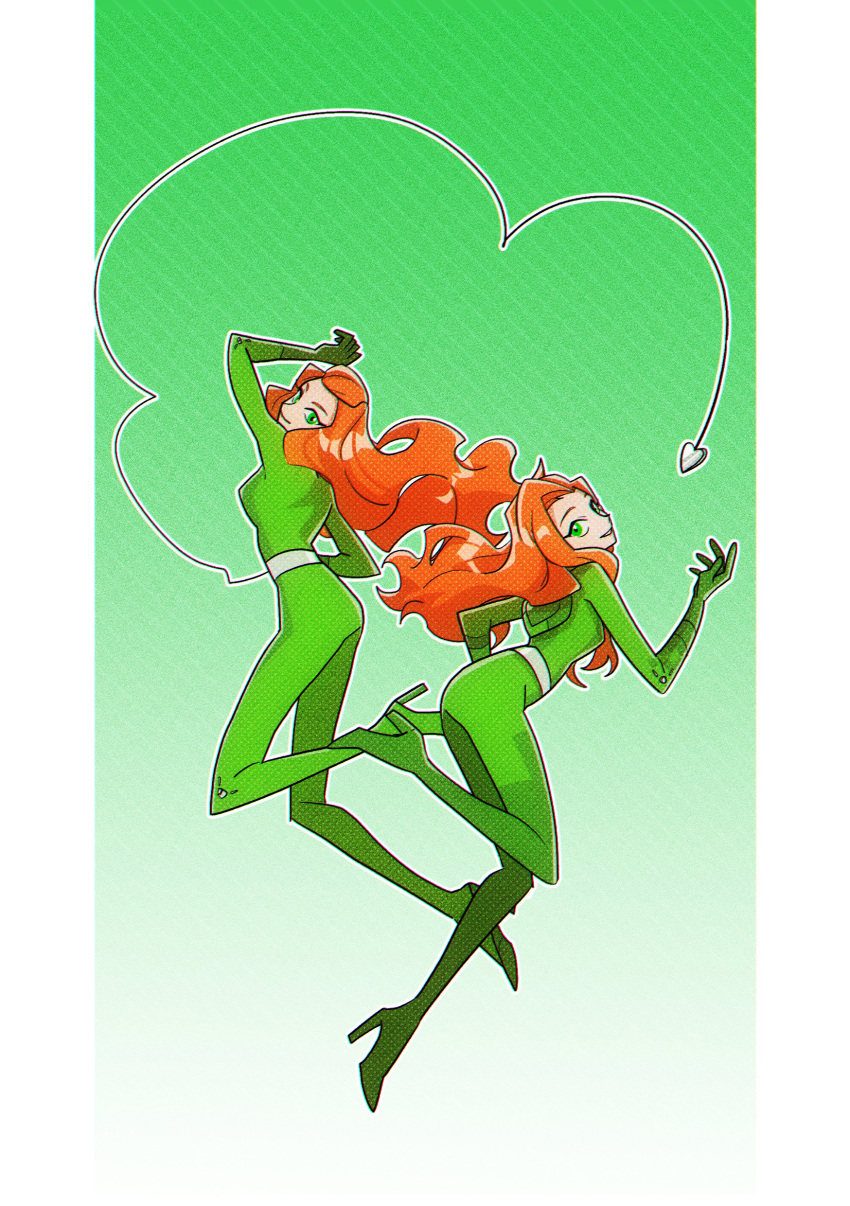 1girl, absurdres, bodysuit, commentary, full_body, gradient_background, green_background, green_bodysuit