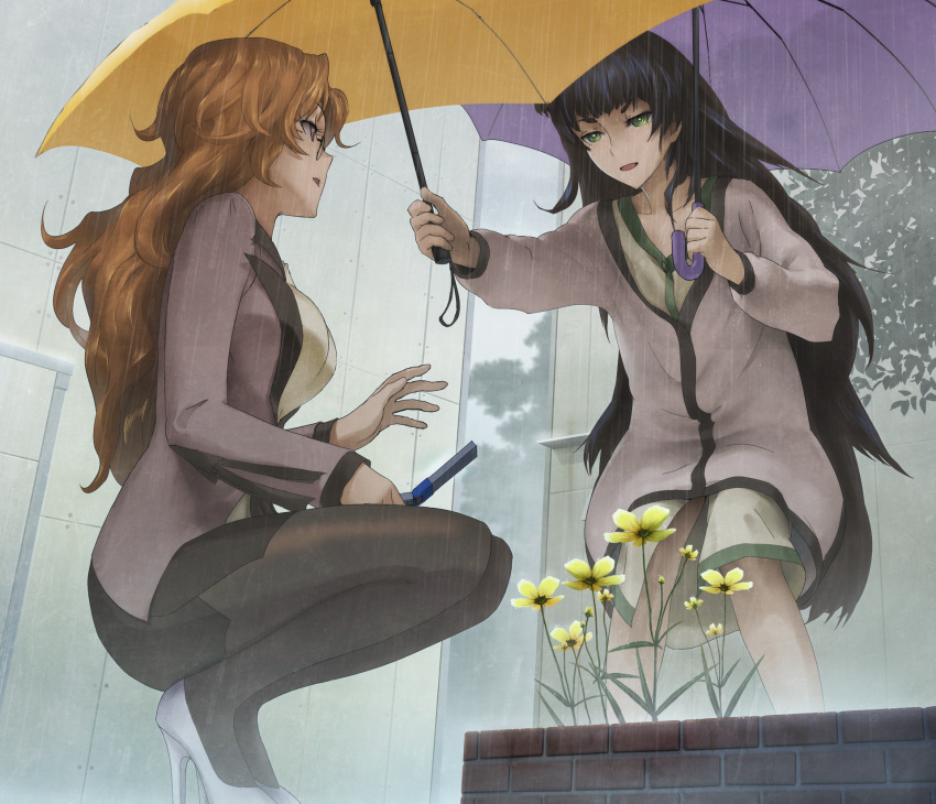 2girls, black_pantyhose, blonde_hair, blouse, blunt_bangs, breasts, cellphone, clothing_request, clouds, cloudy_sky, collar, collarbone, dress, expressionless, flat_chest, flip_phone, flower, from_below, game_cg, glasses, green_collar, green_dress, green_eyes, green_hair, green_trim, grey_jacket, grey_sky, hair_between_eyes, high_heels, highres, hiyajou_maho, holding, holding_phone, holding_umbrella, huke, jacket, jacket_over_dress, jitome, kiryuu_moeka, leaf, long_hair, long_sleeves, looking_at_another, medium_breasts, messy_hair, miniskirt, multiple_girls, non-web_source, office_lady, official_art, open_mouth, outdoors, pantyhose, phone, pink_eyes, rain, ringed_eyes, shirt, shoes, skirt, sky, squatting, steins;gate, steins;gate_0, thick_eyebrows, tree, umbrella, v-shaped_eyebrows, very_long_hair, white_shirt, white_shoes