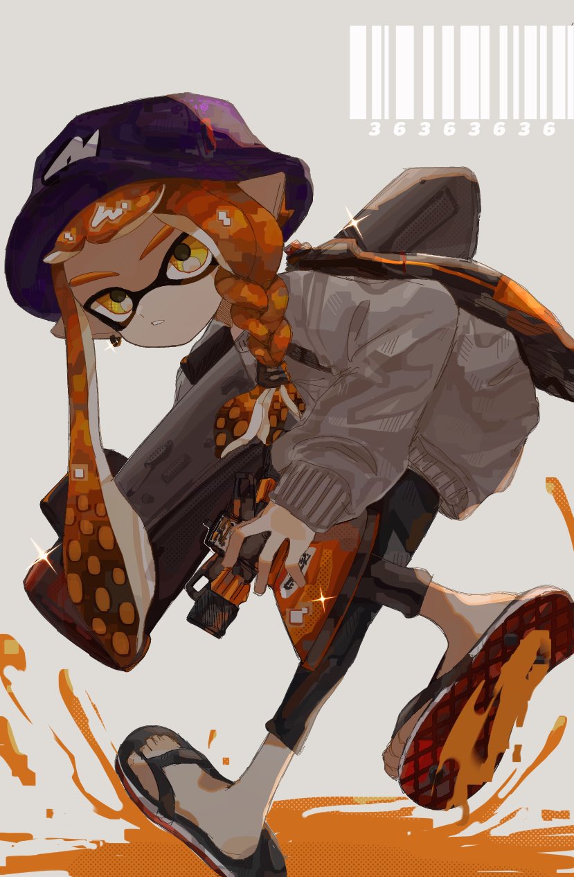 1girl, braid, bucket_hat, earrings, flip-flops, full_body, glint, grey_background