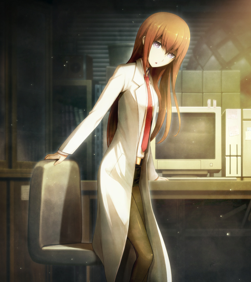 1girl, 2015, :o, arm_support, belt, belt_buckle, black_pantyhose, black_shorts, blue_eyes, breasts, brown_hair, buckle, chair, coat, collared_shirt, computer, future_gadget_lab, game_cg, hair_between_eyes, hair_over_shoulder, head_tilt, highres, huke, indoors, lab_coat, leather_shorts, light_particles, long_hair, looking_at_viewer, makise_kurisu, necktie, non-web_source, notes, official_art, open_mouth, pantyhose, purple_trim, red_necktie, ringed_eyes, shiny_clothes, shiny_eyes, shirt, short_shorts, shorts, small_breasts, solo, standing, steins;gate, steins;gate_0, sunset, surprised, tareme, violet_eyes, white_coat, white_shirt