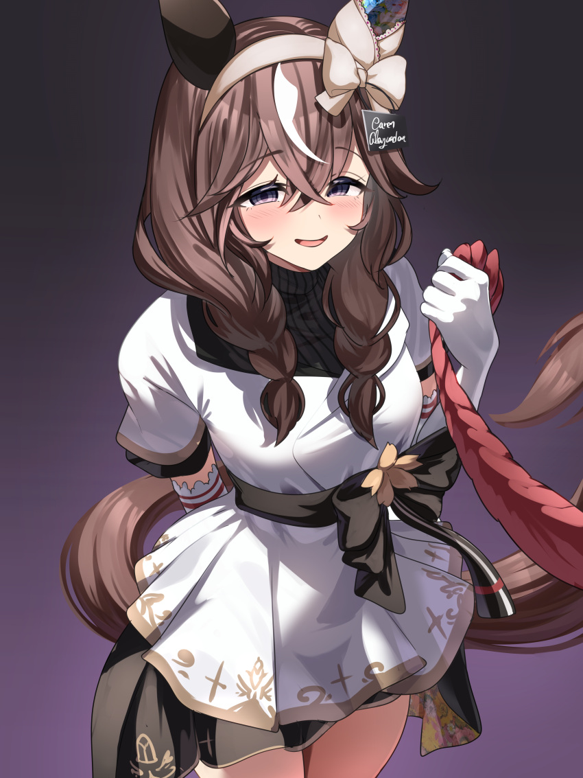 1girl, absurdres, animal_ears, blush, braid, breasts, brown_hair, commentary_request